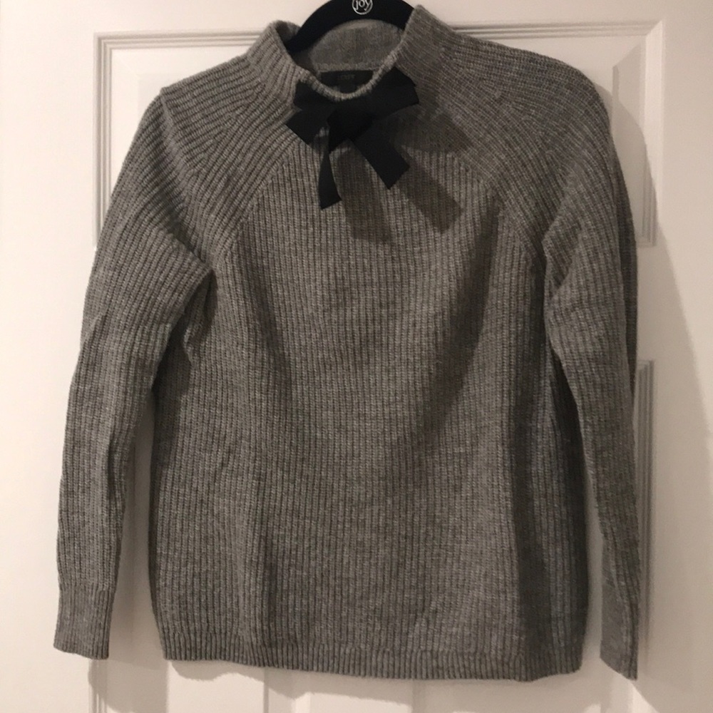 J. Crew Gray Ribbed Sweater with Black Bow